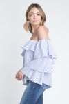 Women's Off Shoulder Stripe Ruffle Long Sleeve Top